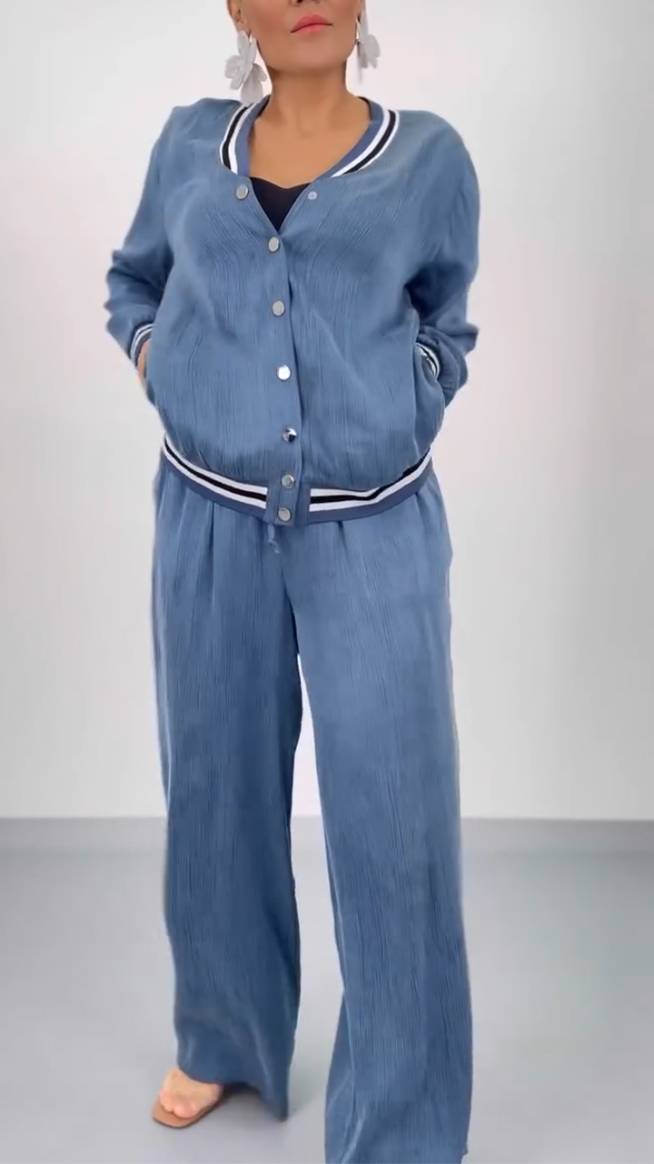 Ladies' Round Neck Patchwork Striped Breasted Top+ Pants Casual Set