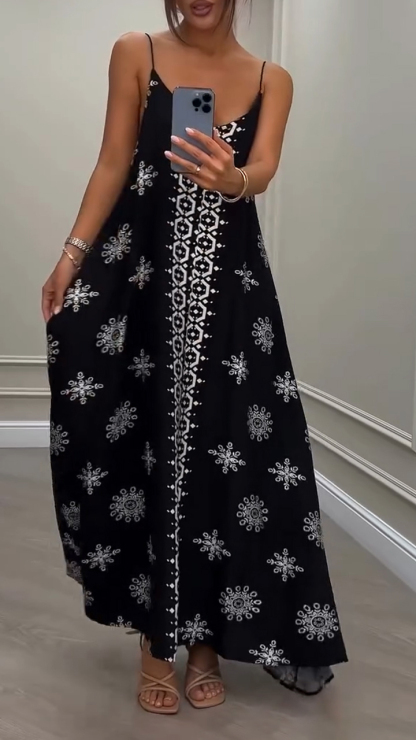 Ladies' Suspender Print Loose Casual Dress