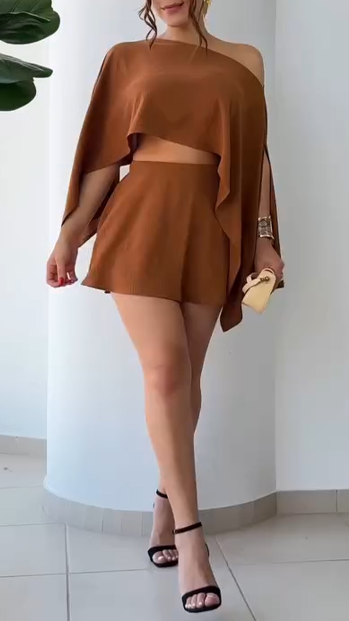 Ladies' Oblique Neck Solid Color Multiple Wearing Styles Top+ Skirt Casual Set