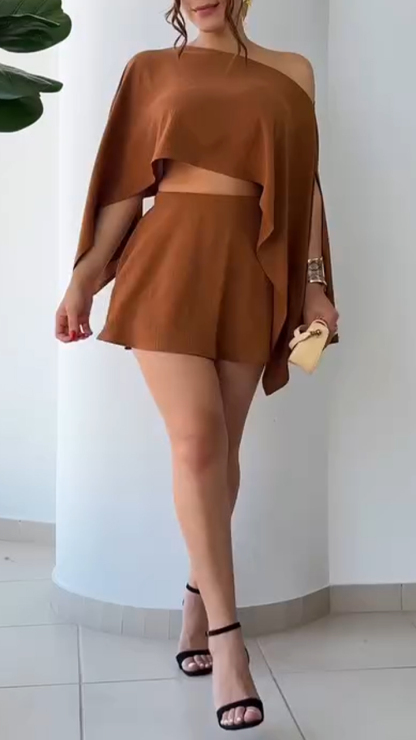 Ladies' Oblique Neck Solid Color Multiple Wearing Styles Top+ Skirt Casual Set
