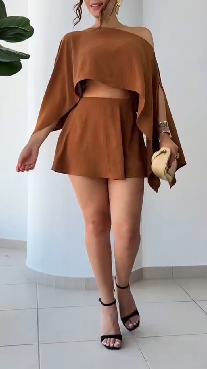 Ladies' Oblique Neck Solid Color Multiple Wearing Styles Top+ Skirt Casual Set