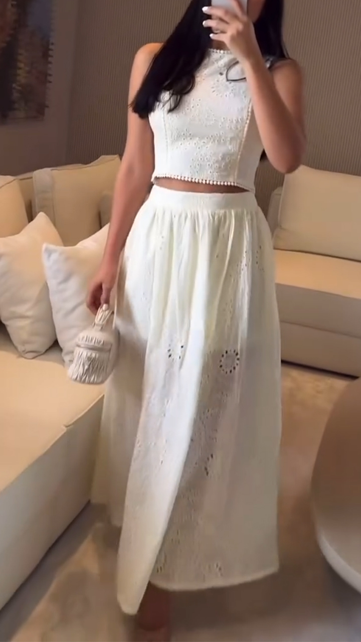 Ladies' Round Neck Printed Top+ Skirt Elegant Casual Set