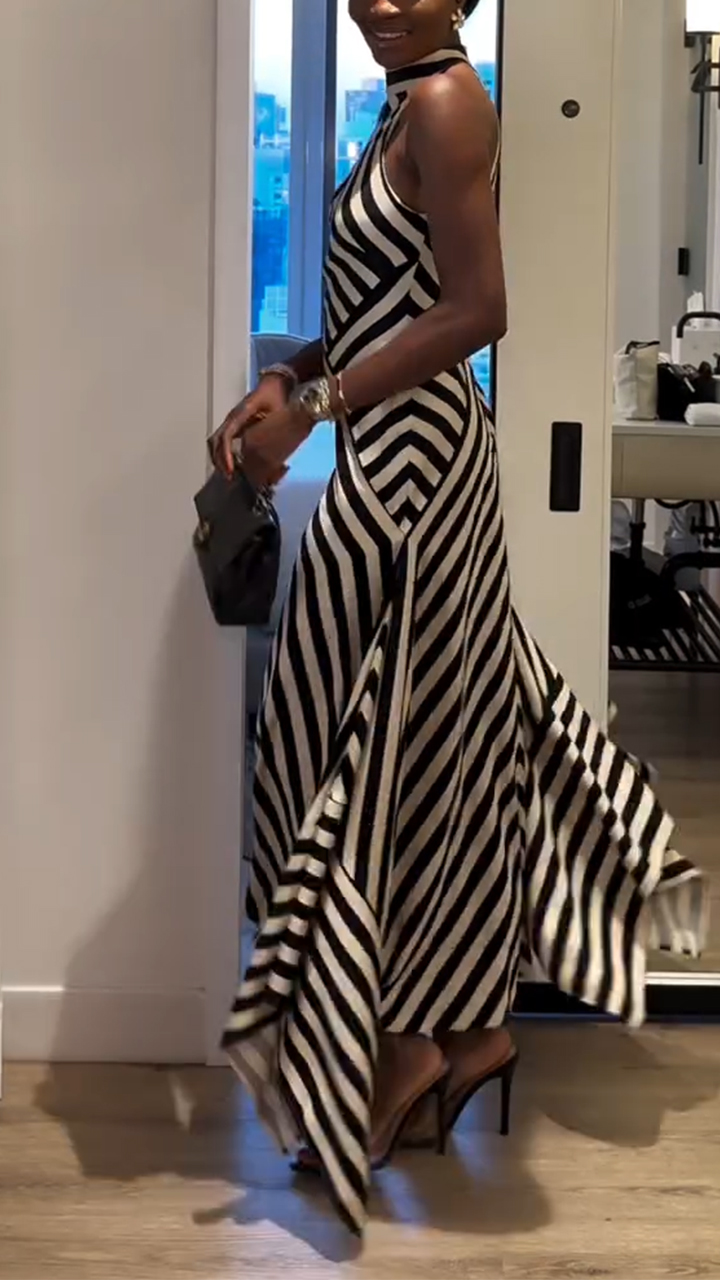 Ladies' Neck Hanging Striped Irregular Elegant Casual Dress