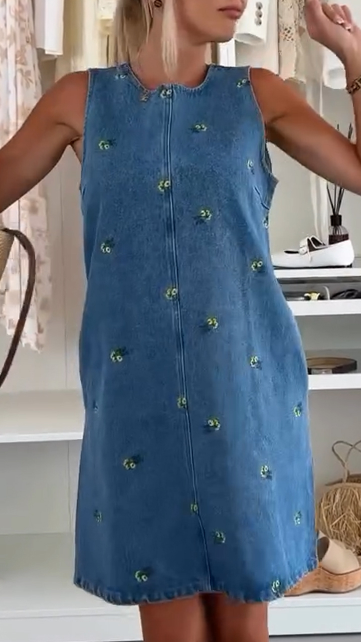 Women's Round Neck Sleeveless Printed Casual Denim Dress
