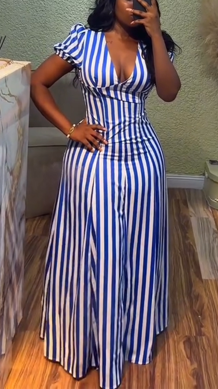 Ladies' V-neck Vertical Stripe Waist Cinching Casual Dress