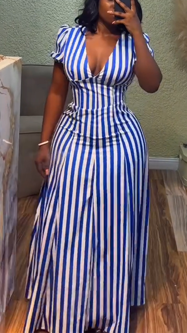 Ladies' V-neck Vertical Stripe Waist Cinching Casual Dress