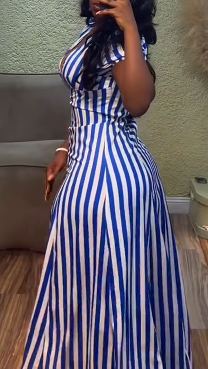 Ladies' V-neck Vertical Stripe Waist Cinching Casual Dress