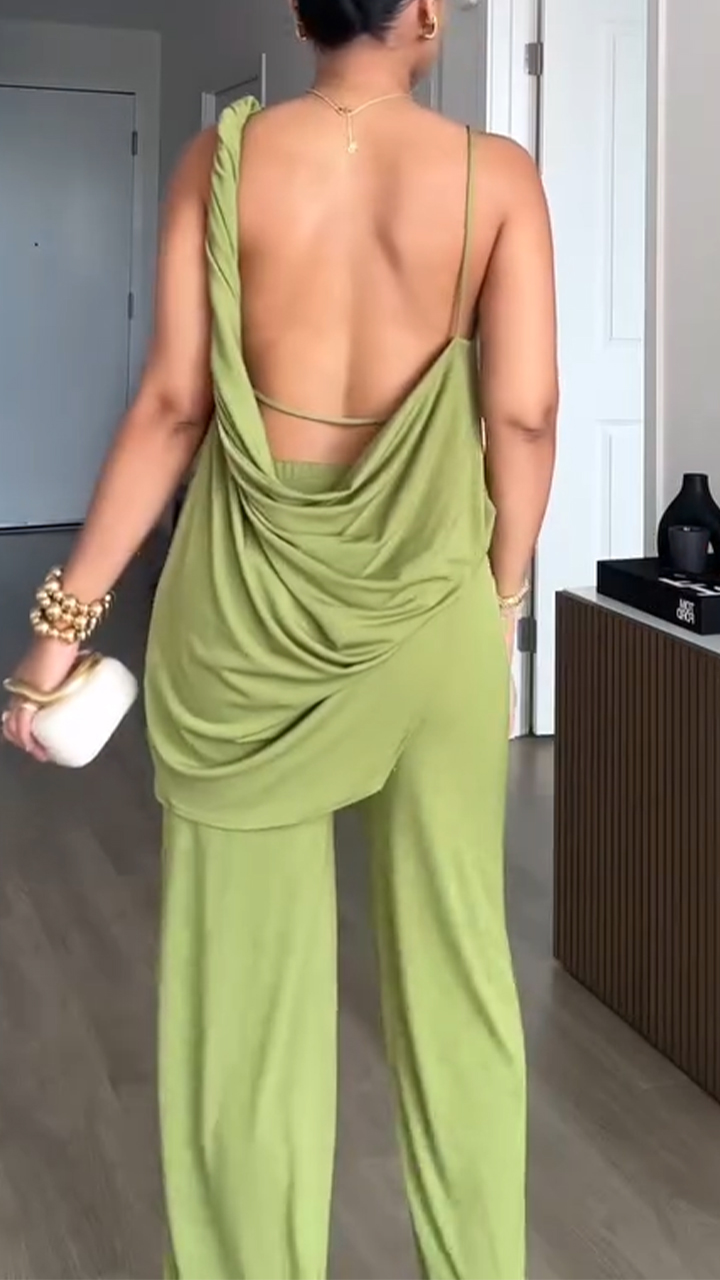 Ladies' Suspender Hollow Solid Color Casual Set