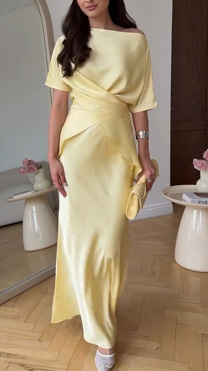 Ladies' Slanted Neck Solid Color Irregular Top+ Skirt Temperament Casual Suit