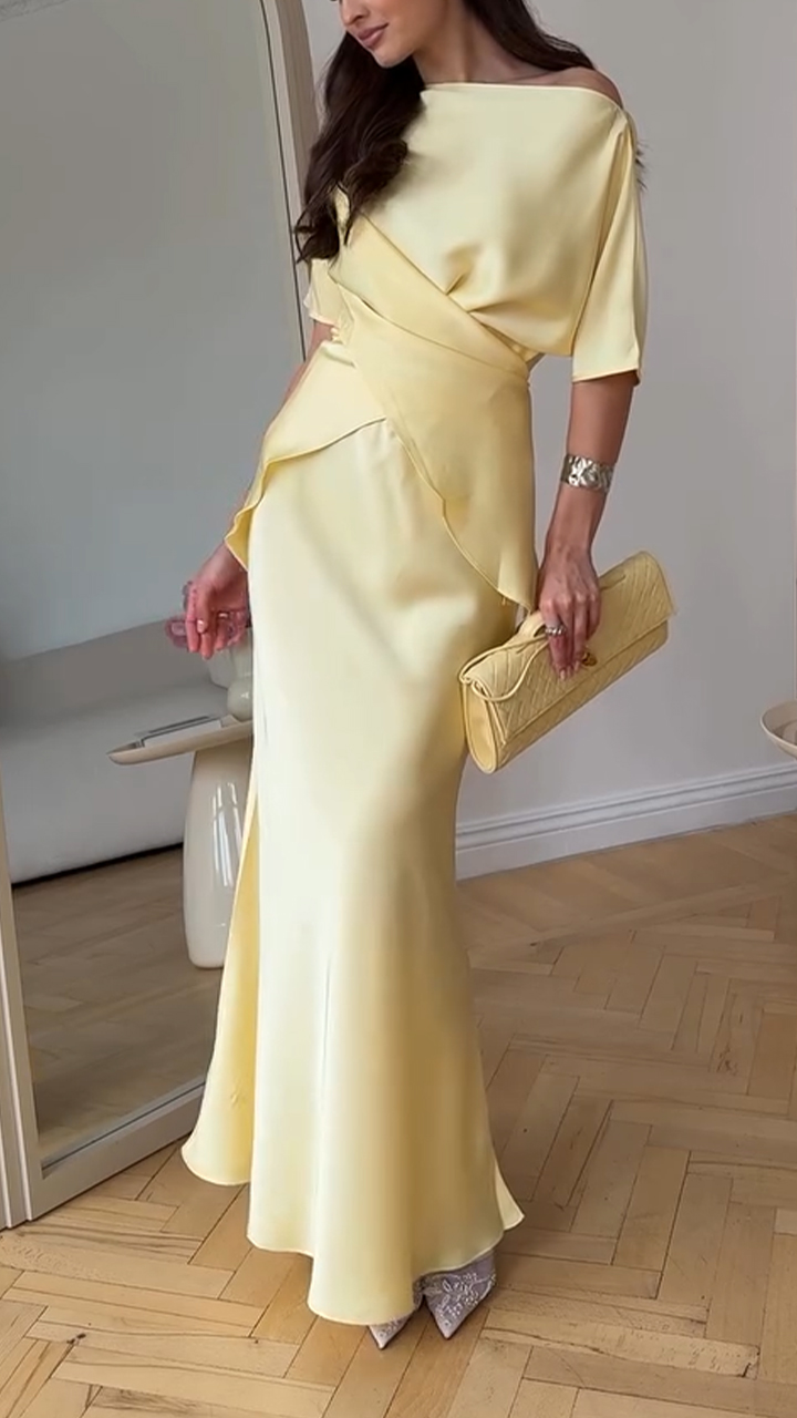 Ladies' Slanted Neck Solid Color Irregular Top+ Skirt Temperament Casual Suit