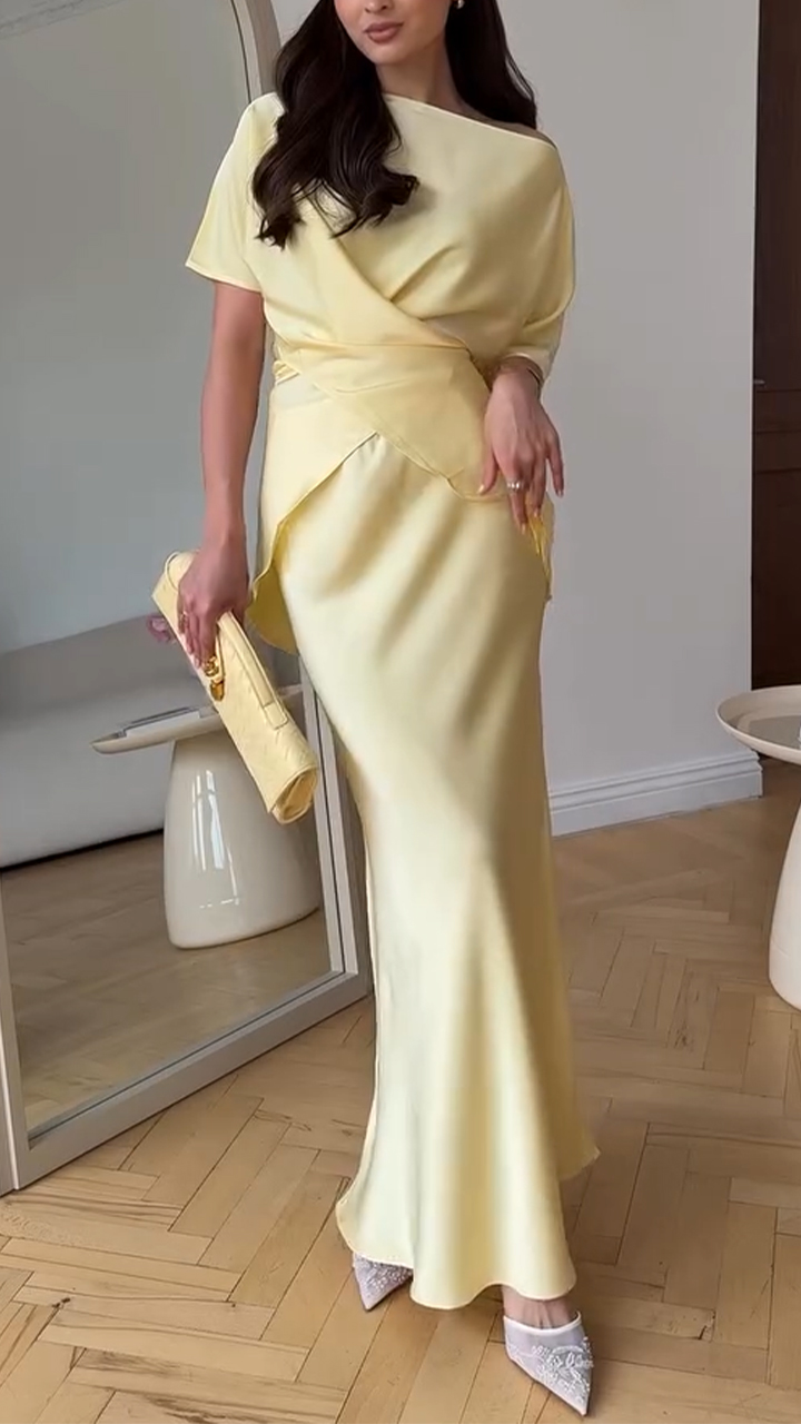 Ladies' Slanted Neck Solid Color Irregular Top+ Skirt Temperament Casual Suit