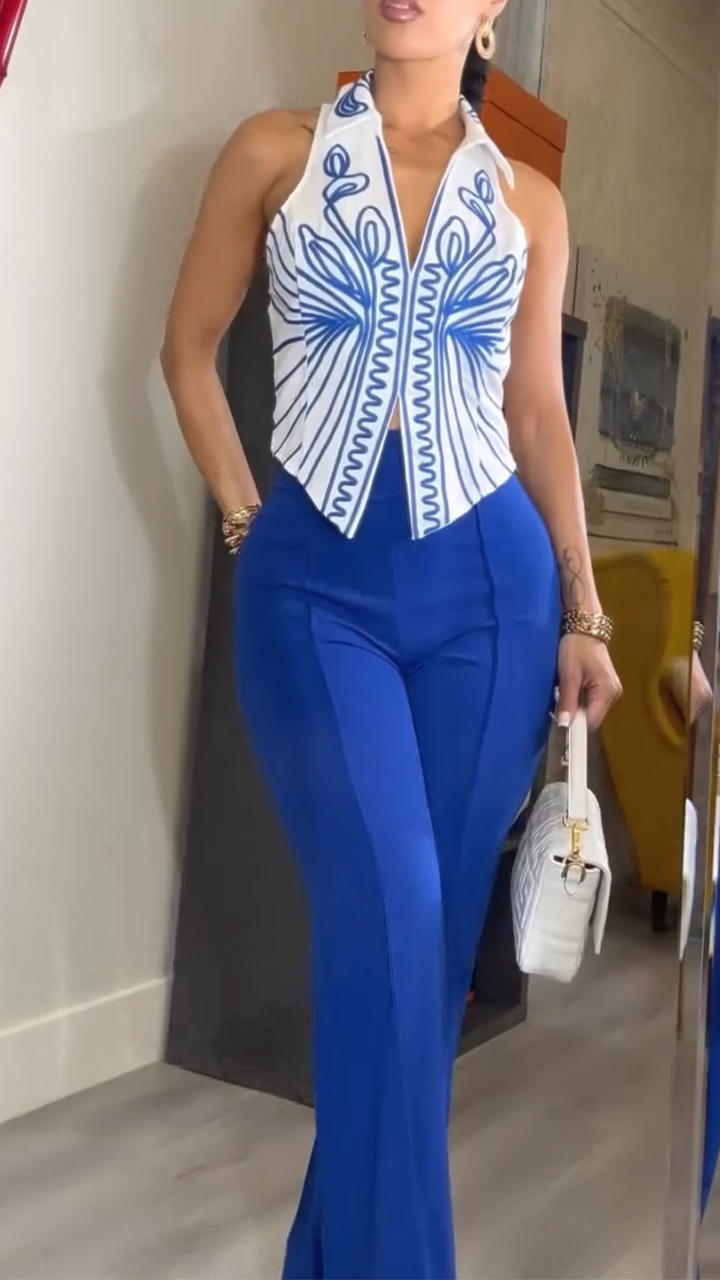 Ladies' Collar Printed Top+ Pants Temperament Casual Suit