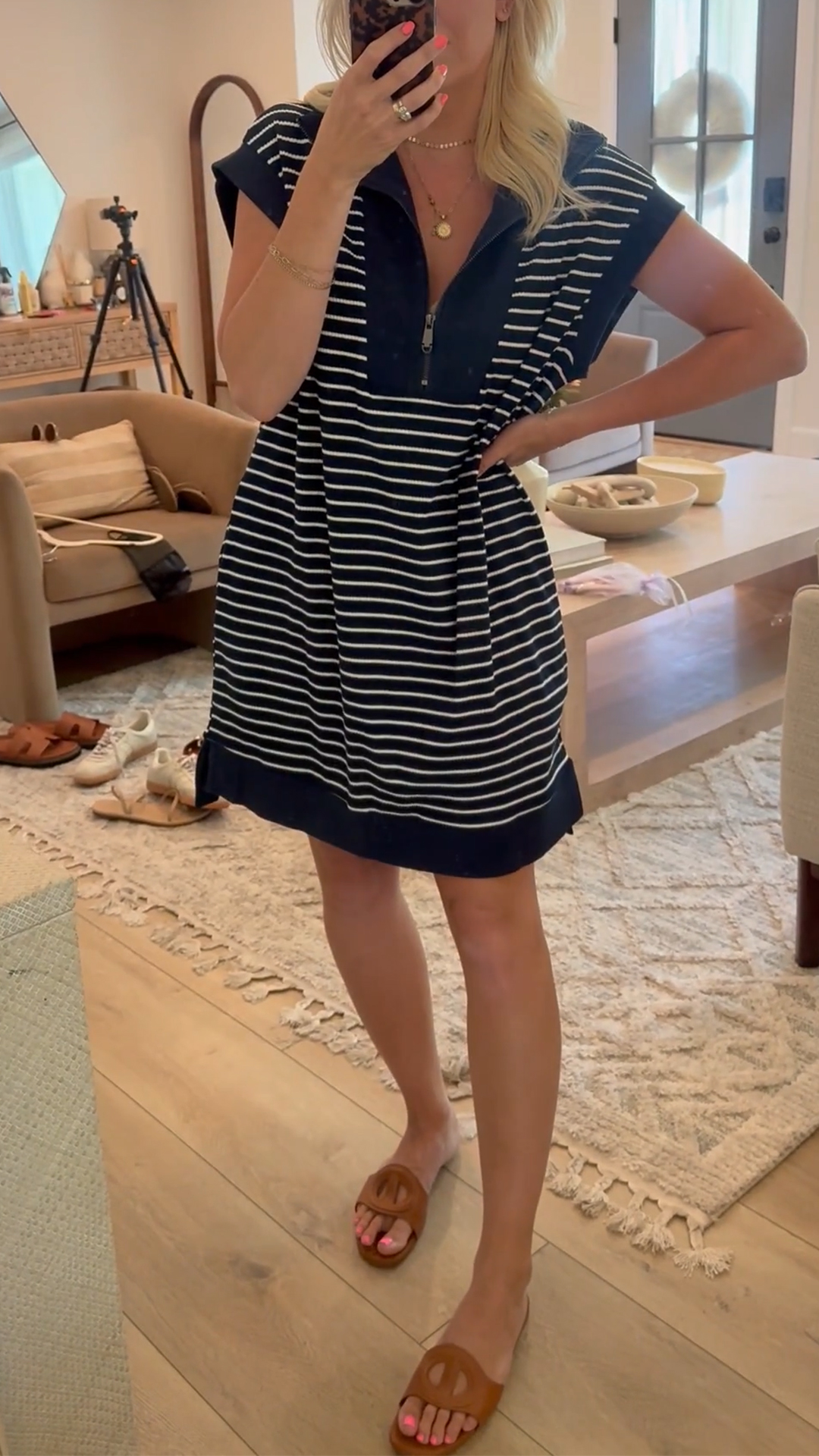 Women's Collar Striped Zipper Loose Casual Dress