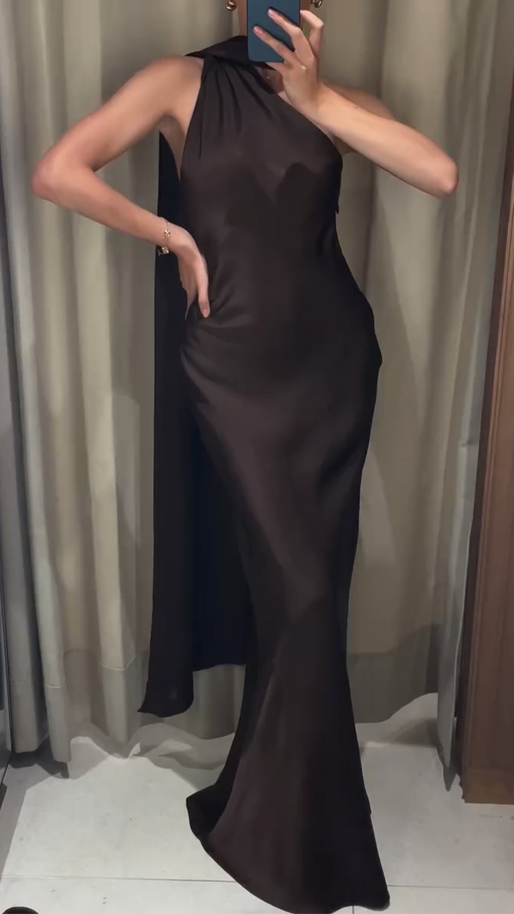 Ladies' Oblique Neck Solid Color Elegant Evening Dress