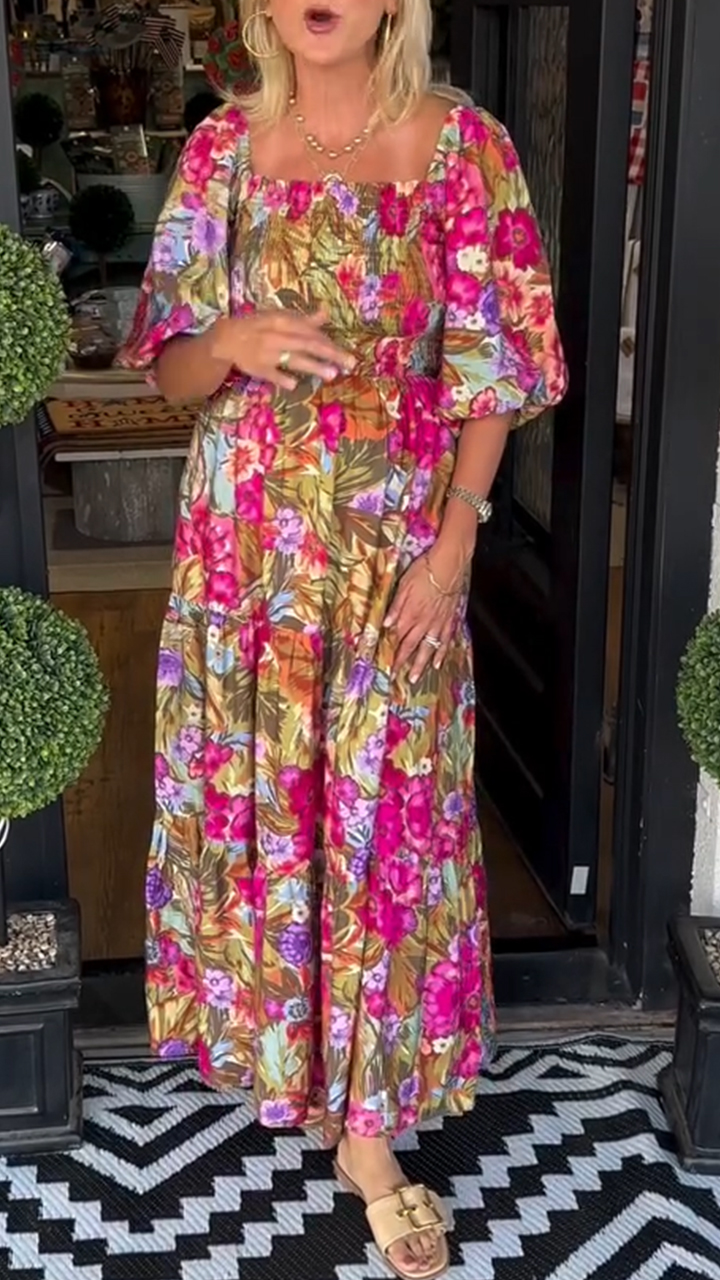 Ladies' Square Collar Lantern Sleeve Printed Casual Dress