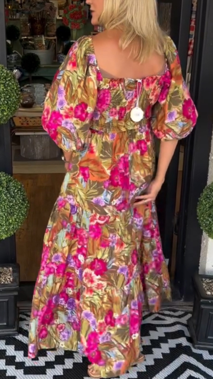 Ladies' Square Collar Lantern Sleeve Printed Casual Dress