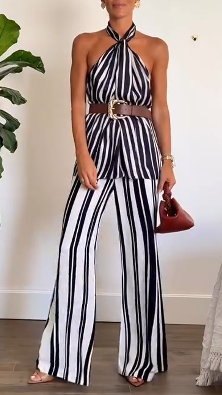 Ladies' Neck Hanging Vertical Pattern Hollowed Out Top+ Pants Casual Temperament Set