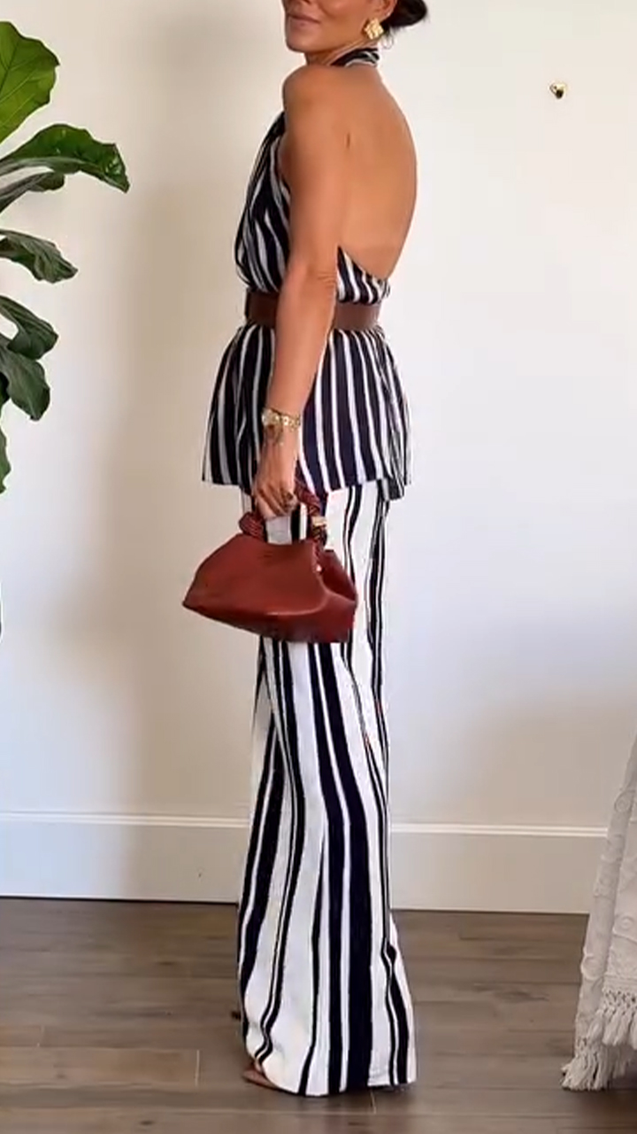 Ladies' Neck Hanging Vertical Pattern Hollowed Out Top+ Pants Casual Temperament Set