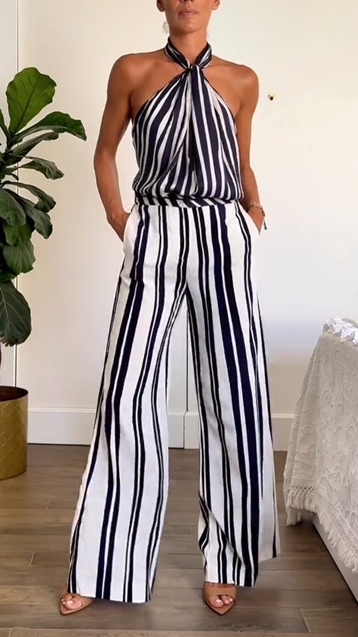 Ladies' Neck Hanging Vertical Pattern Hollowed Out Top+ Pants Casual Temperament Set