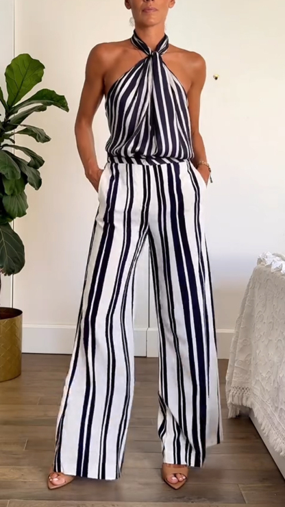 Ladies' Neck Hanging Vertical Pattern Hollowed Out Top+ Pants Casual Temperament Set