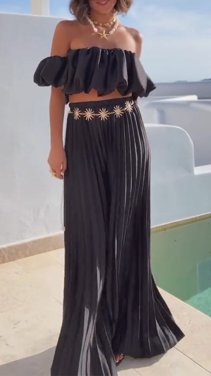 Ladies' Strapless Pleated Top+ Pleated Pants Casual Set with Temperament