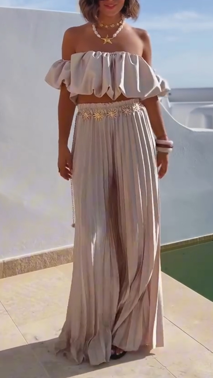 Ladies' Strapless Pleated Top+ Pleated Pants Casual Set with Temperament