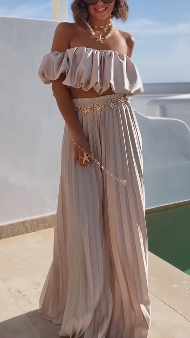 Ladies' Strapless Pleated Top+ Pleated Pants Casual Set with Temperament