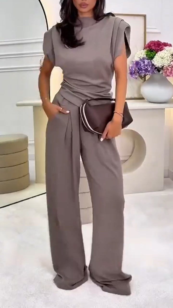 Ladies' Round Neck Solid Color Top+ Pants Casual Set