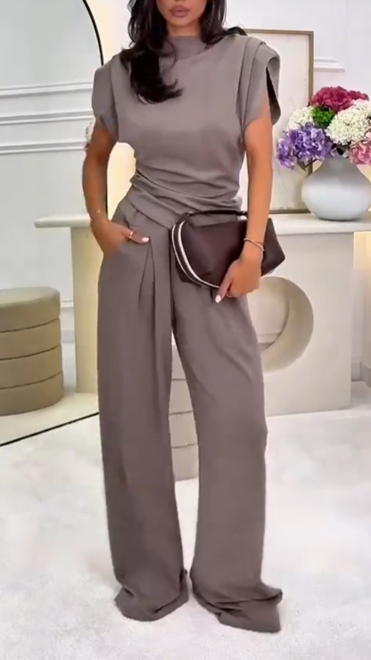 Ladies' Round Neck Solid Color Top+ Pants Casual Set