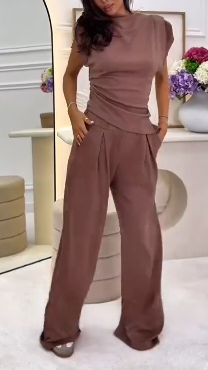 Ladies' Round Neck Solid Color Top+ Pants Casual Set