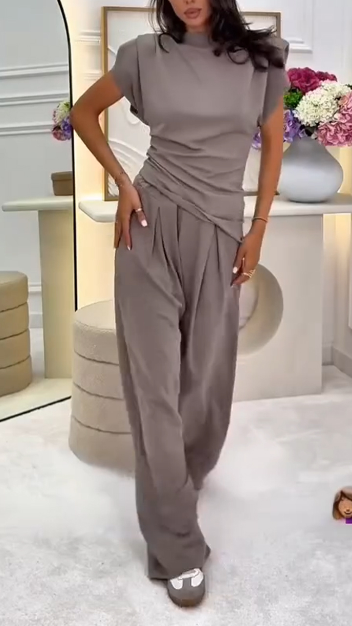 Ladies' Round Neck Solid Color Top+ Pants Casual Set