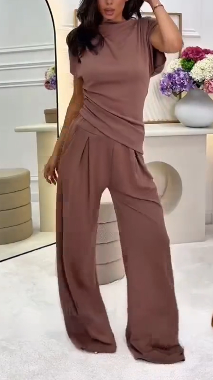 Ladies' Round Neck Solid Color Top+ Pants Casual Set