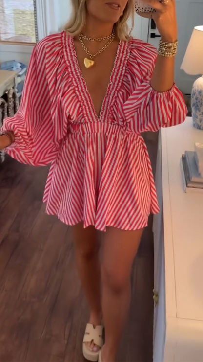 Ladies' V-neck Striped Patchwork Casual Dress