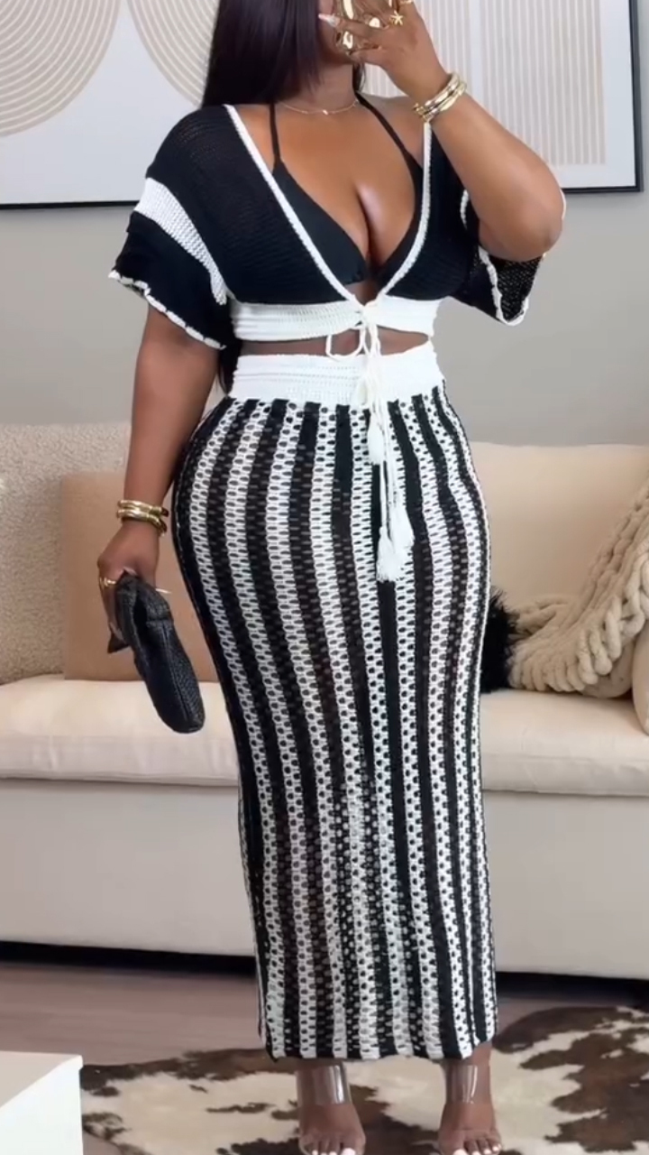 Ladies' Patchwork Tassel Cardigan+ Vertical Hollow Out Skirt Casual Set