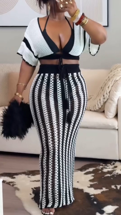 Ladies' Patchwork Tassel Cardigan+ Vertical Hollow Out Skirt Casual Set