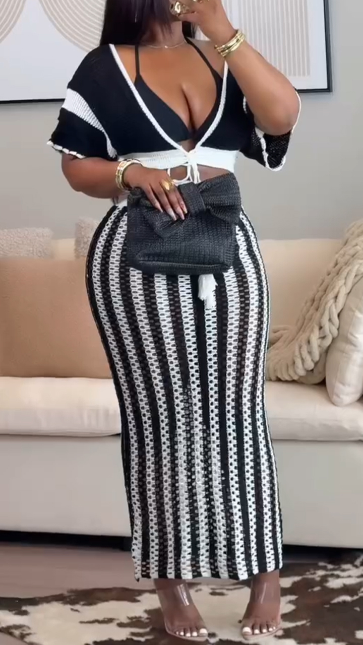 Ladies' Patchwork Tassel Cardigan+ Vertical Hollow Out Skirt Casual Set