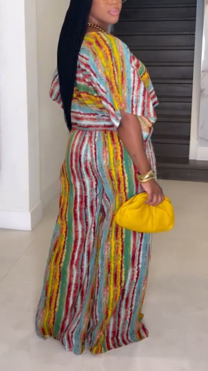 Women's Round Neck Colorful Striped Top+ Pants Loose Casual Suit