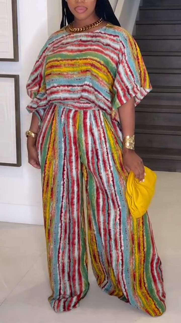 Women's Round Neck Colorful Striped Top+ Pants Loose Casual Suit