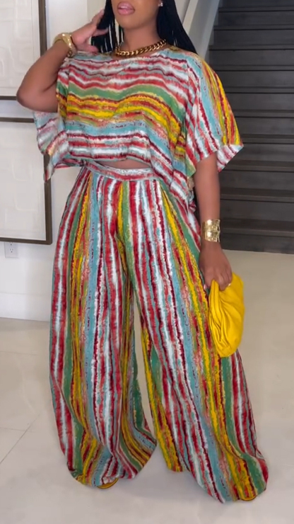 Women's Round Neck Colorful Striped Top+ Pants Loose Casual Suit