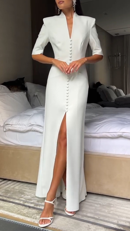 Ladies' V-neck Breasted Solid Color Slit Elegant Temperament Dress