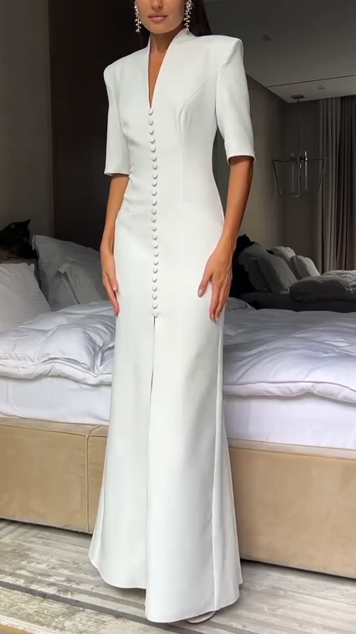 Ladies' V-neck Breasted Solid Color Slit Elegant Temperament Dress