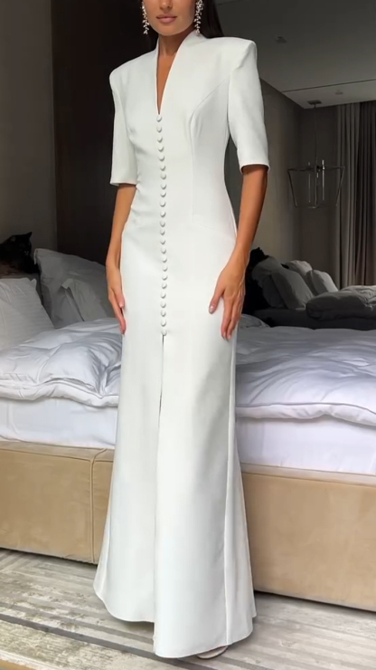 Ladies' V-neck Breasted Solid Color Slit Elegant Temperament Dress