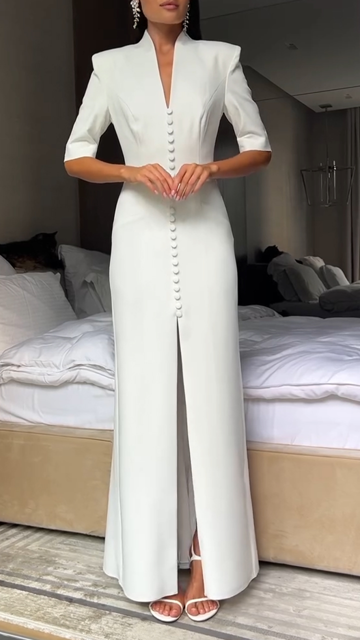 Ladies' V-neck Breasted Solid Color Slit Elegant Temperament Dress