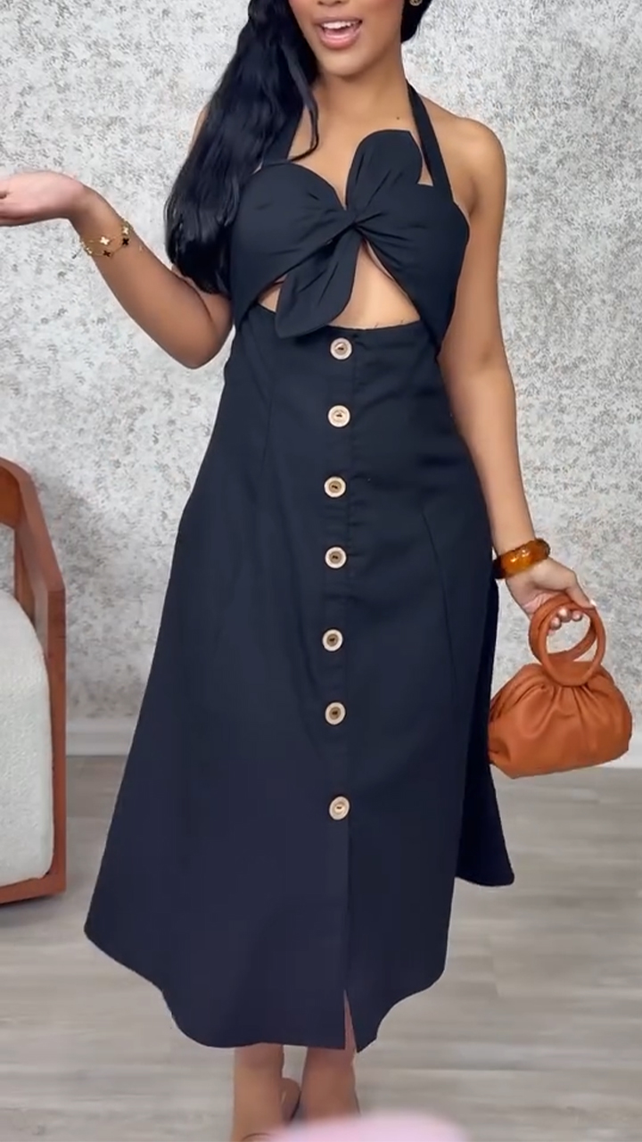 Ladies' Neck Hanging Splicing Hollow Buckle Leisure Vacation Dress