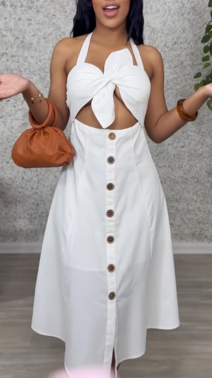 Ladies' Neck Hanging Splicing Hollow Buckle Leisure Vacation Dress