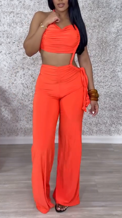 Ladies' Neck Hanging Hollow Solid Color Casual Jumpsuit