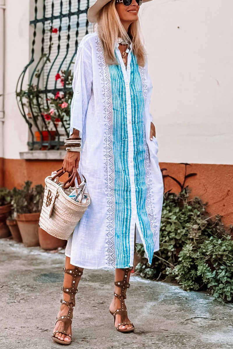 Women's Casual Holiday Ethnic Print Stand Collar Long Sleeve Dress