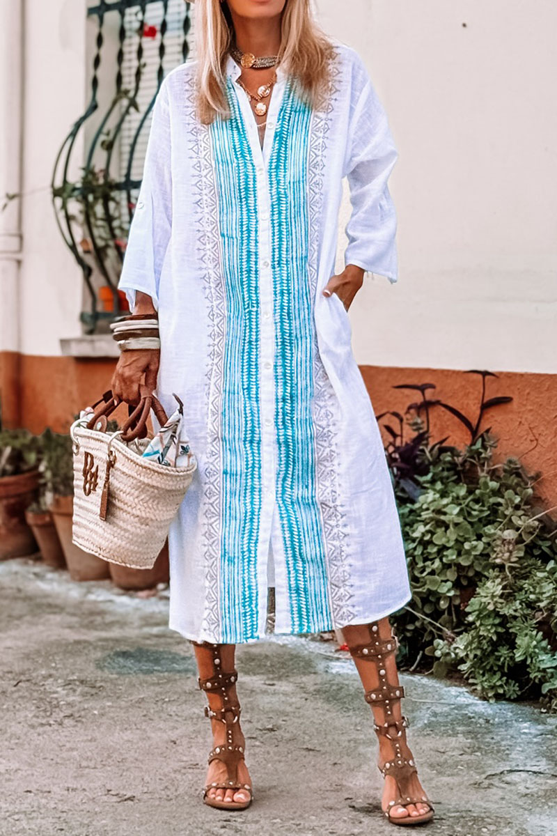 Women's Casual Holiday Ethnic Print Stand Collar Long Sleeve Dress