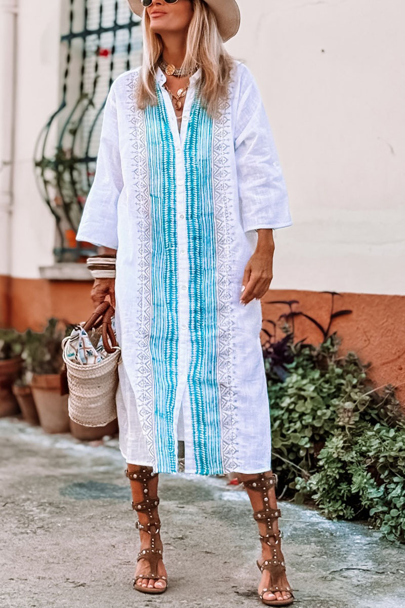 Women's Casual Holiday Ethnic Print Stand Collar Long Sleeve Dress