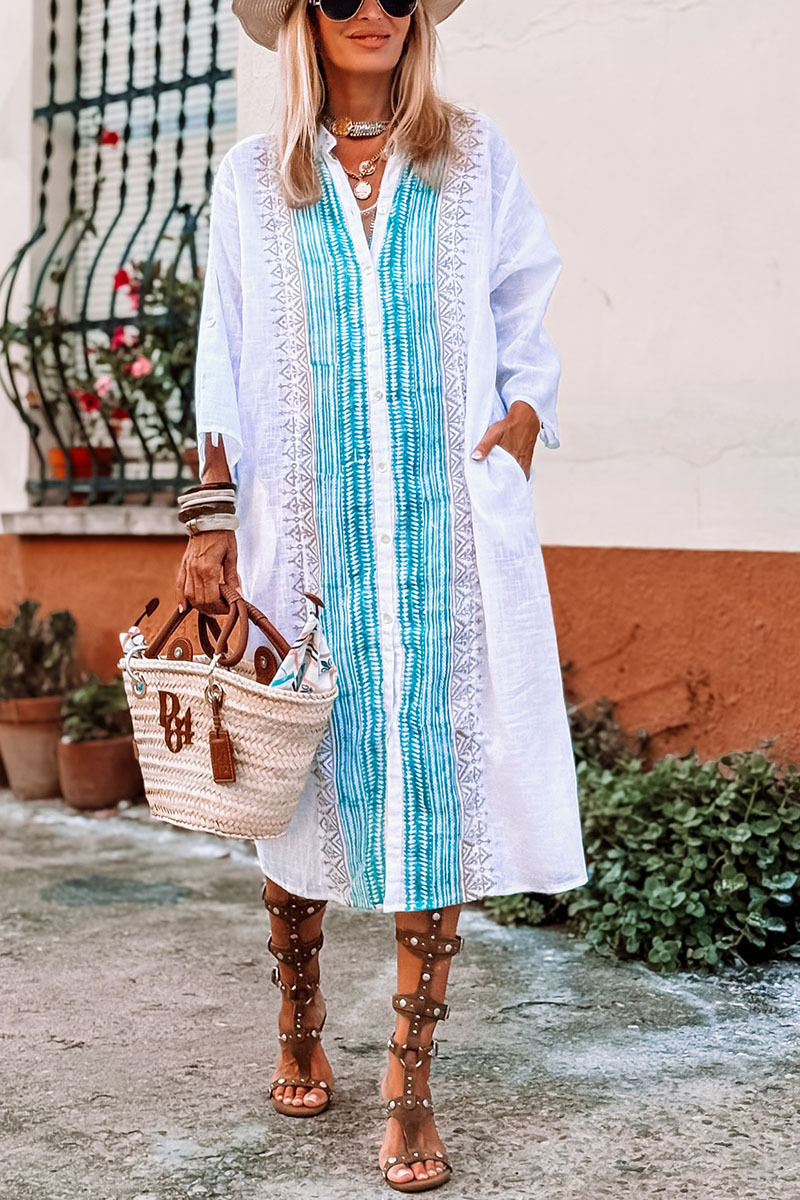 Women's Casual Holiday Ethnic Print Stand Collar Long Sleeve Dress